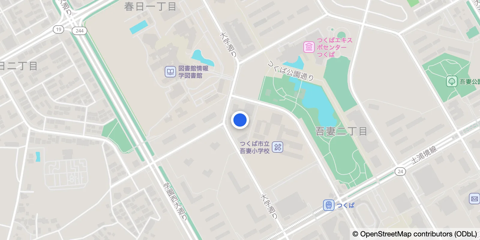 つくば市産業振興センター周辺の地図。つくば駅の北西、大学通り沿い